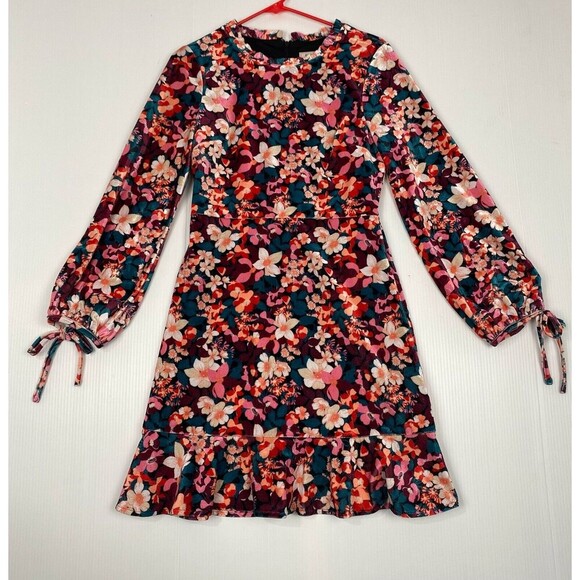 Bcbgeneration Velvet Floral Print Ruffle Trim Colorful Mini Dress Size 4 - Picture 1 of 13